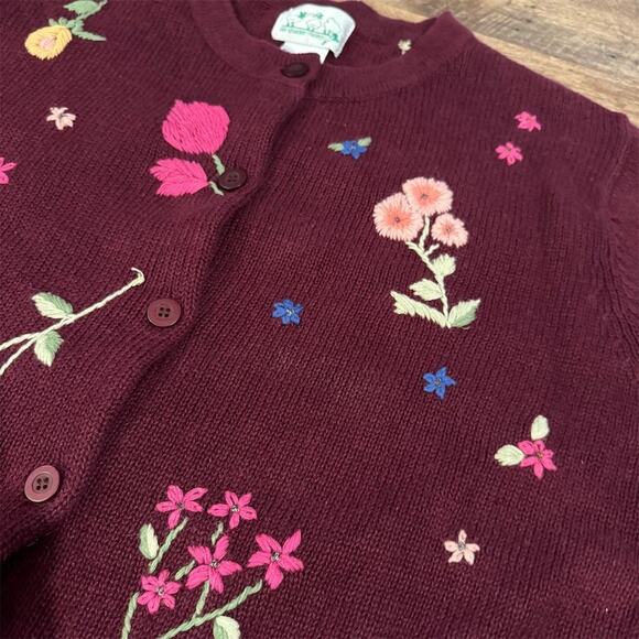 Quacker Factory Floral Embroidered Long Burgundy Cardigan Duster Cottage FLAWS - Picture 5 of 14